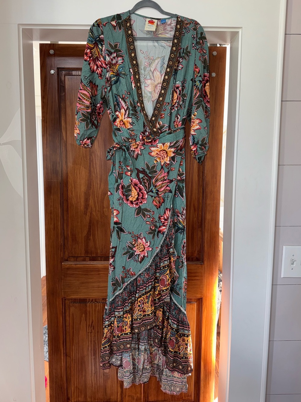 FARM Rio Anthropology Teal Floral Wrap Dress with Pink and Yellow Flowers